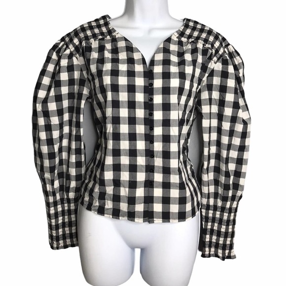 A New Day | New Button Down black and white Plaid Ruched Blouse - Picture 1 of 9
